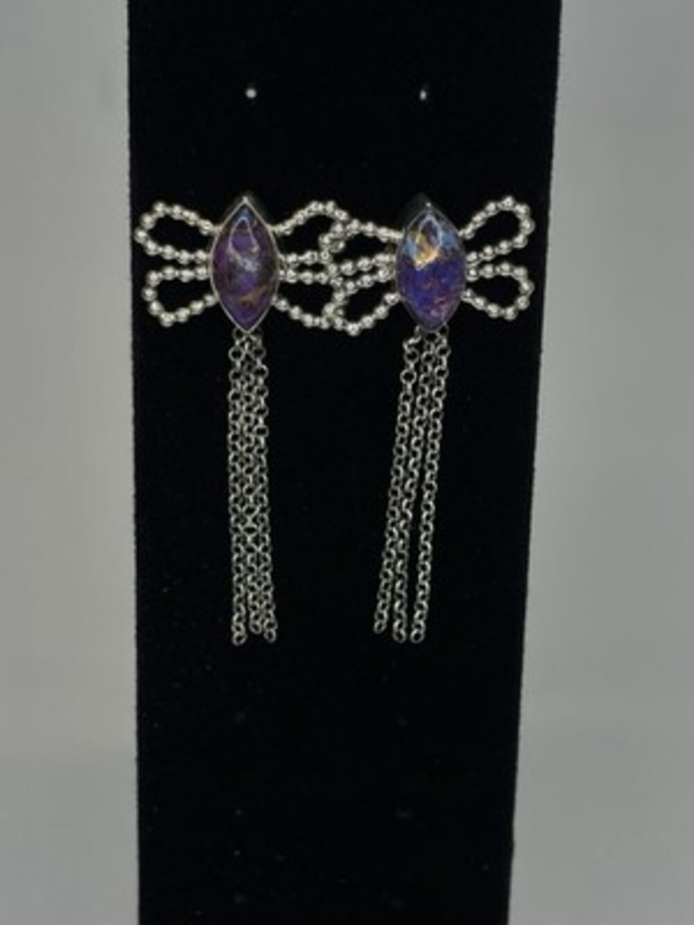 925 Sterling Silver Purple Mojave Turquoise Marquise Chain Dangle Earrings